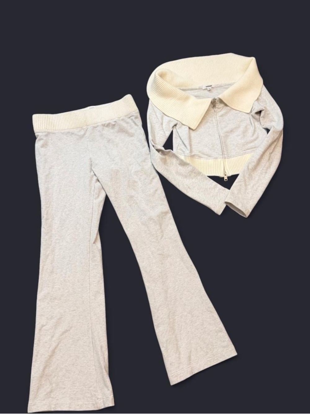 Garage Cream and Light Gray Ribbed Zip-Front Cropped Jacket